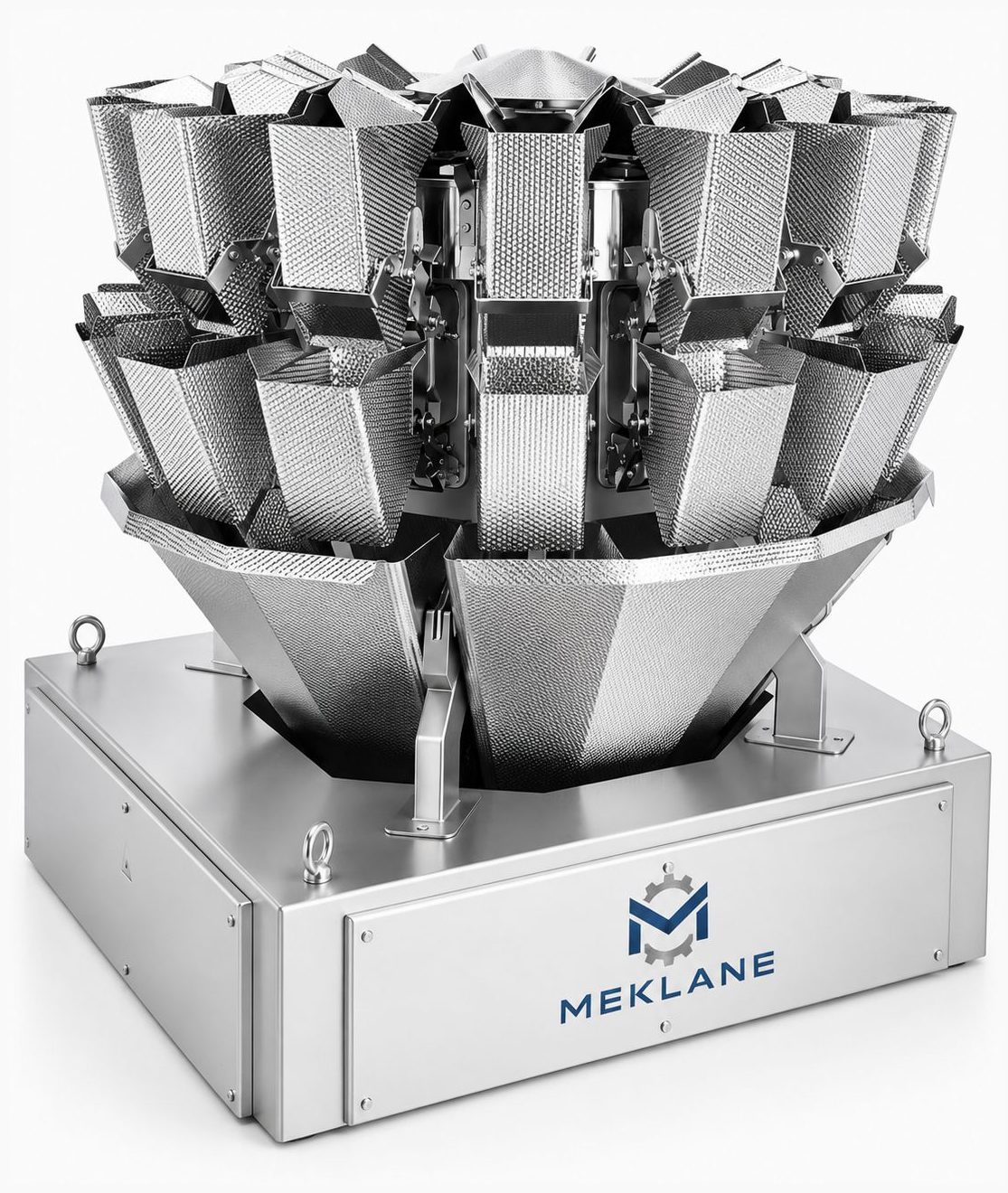 Meklane multihead weigher with stainless-steel weighing buckets and branded base